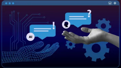AI interaction concept with hands, chat bubbles, gears, and circuit board design.