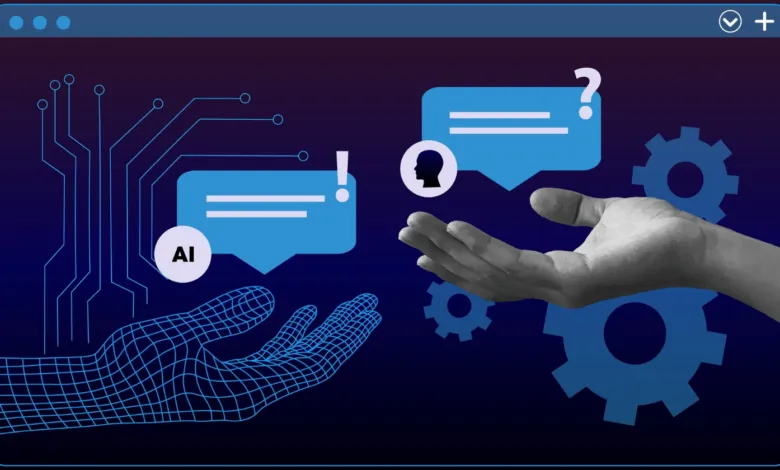 AI interaction concept with hands, chat bubbles, gears, and circuit board design.