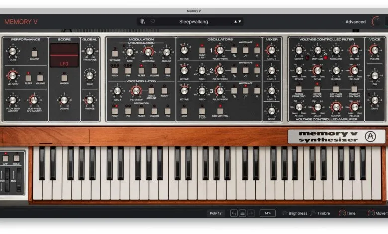 Memory V synthesizer interface with knobs, sliders, and keyboard.