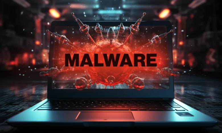 Laptop screen displays a red malware virus with the word 'MALWARE' in bold letters.