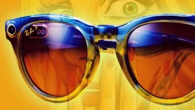 Close-up of Ray-Ban Meta smart glasses with a woman's face in the background.