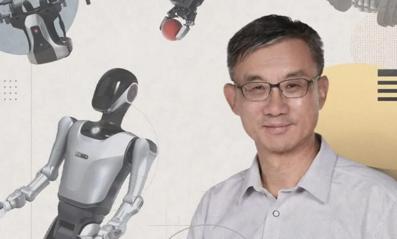Man with glasses smiles surrounded by robots and tech devices in a collage.