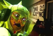 Close-up of a futuristic character holding a gun in a neon-lit environment.