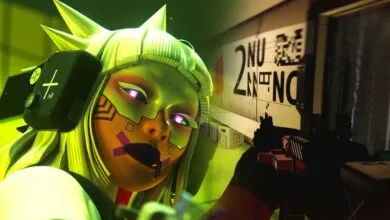 Close-up of a futuristic character holding a gun in a neon-lit environment.