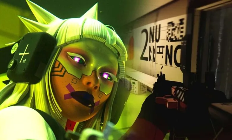 Close-up of a futuristic character holding a gun in a neon-lit environment.