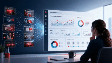 Woman analyzes cross-channel marketing data on a large interactive display.
