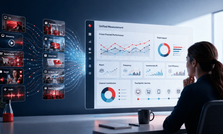 Woman analyzes cross-channel marketing data on a large interactive display.