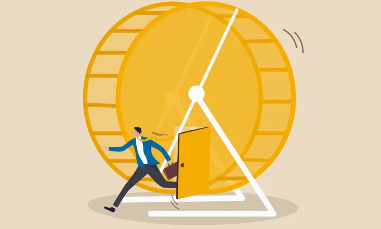 Cartoon man running in hamster wheel, exiting through a door.