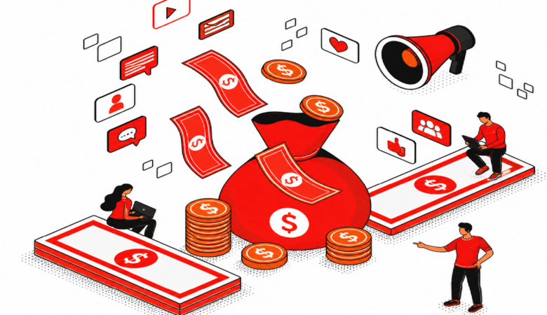 Isometric illustration of digital marketing with money bag, coins, and social media icons.