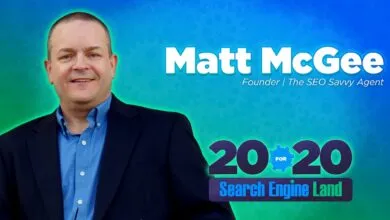Matt McGee, Founder of The SEO Savvy Agent, portrait on blue background.