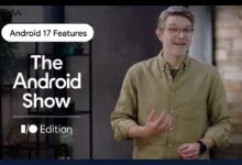 Man presenting 'The Android Show' with Android 17 features, I/O Edition.