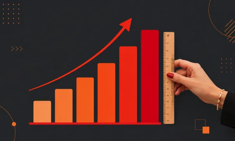 Bar graph showing growth with a ruler measuring the highest bar.