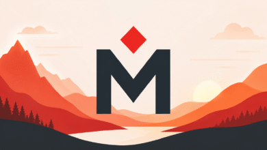 Abstract landscape with mountains, water, and a large 'M' logo.