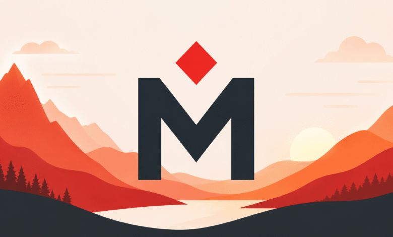 Abstract landscape with mountains, water, and a large 'M' logo.