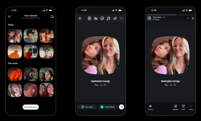 Screenshots of Instagram's 'Your Instants' feature, showing recap options.