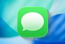 Apple Messages app icon on a blue and green textured background.