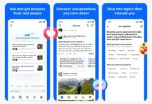 Screenshots of a forum app with questions, answers, and personalized topic suggestions.