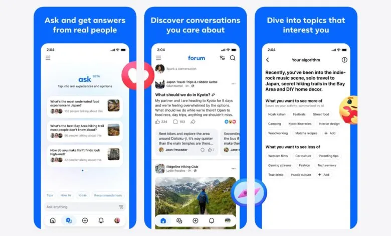 Screenshots of a forum app with questions, answers, and personalized topic suggestions.