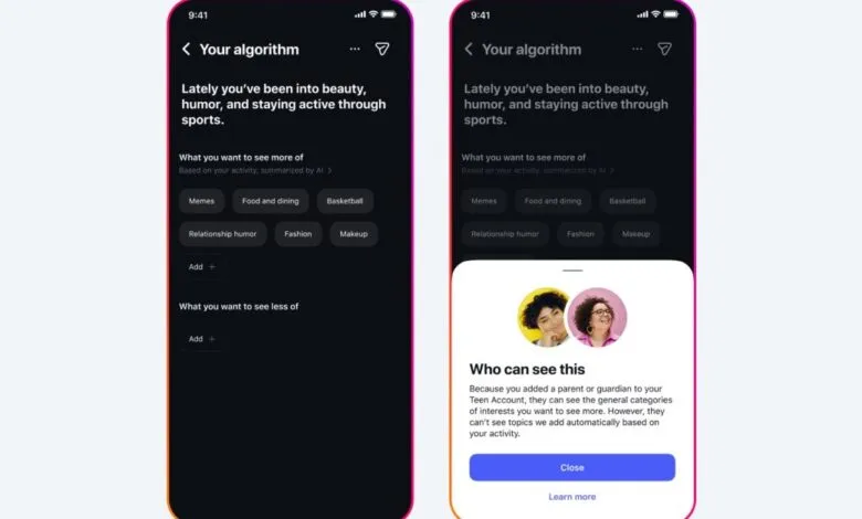 Screenshots of a phone displaying algorithm settings for a teen account.