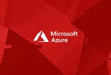 Microsoft Azure logo in white against a red geometric background.