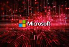 Microsoft logo with a red digital matrix background.