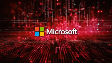 Microsoft logo with a red digital matrix background.