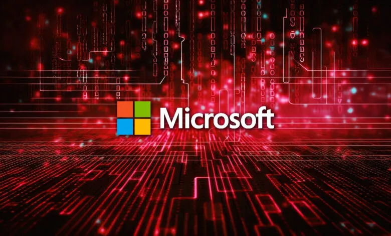 Microsoft logo with a red digital matrix background.
