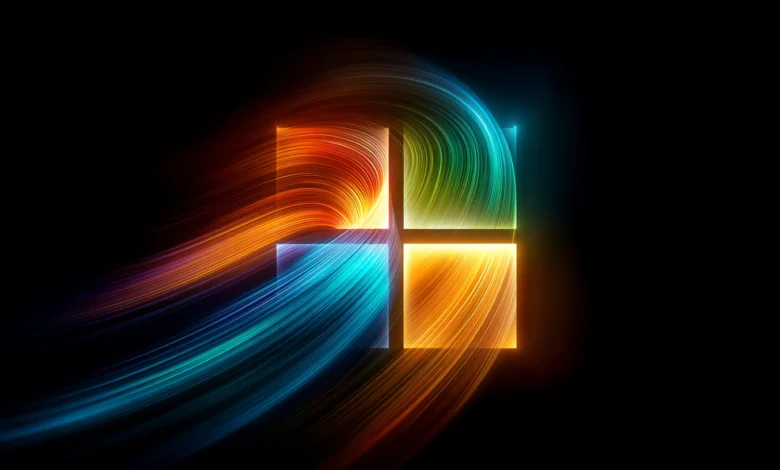 Colorful Windows logo with flowing light trails on black background.