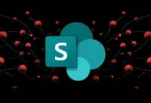 Microsoft SharePoint logo with network of red spheres on black background.