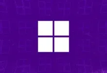 Microsoft Windows logo on purple background with repeating window icons.