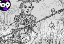 Black and white sketch of an elf-like figure with a finger to their lips.
