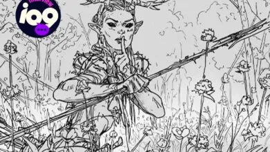 Black and white sketch of an elf-like figure with a finger to their lips.