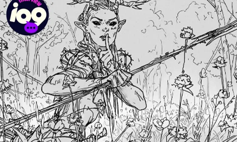 Black and white sketch of an elf-like figure with a finger to their lips.
