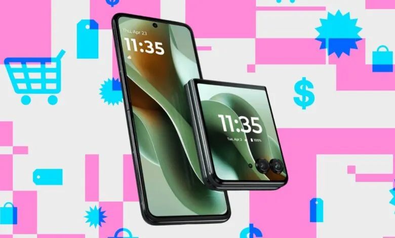 Foldable Motorola Razr phone, open and closed, on a shopping-themed background.