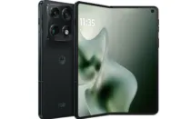 Foldable Motorola Razr smartphone, partially open, showing screen and camera array.
