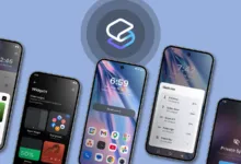 Multiple smartphones display Smart Launcher 6 home screen and customization options.