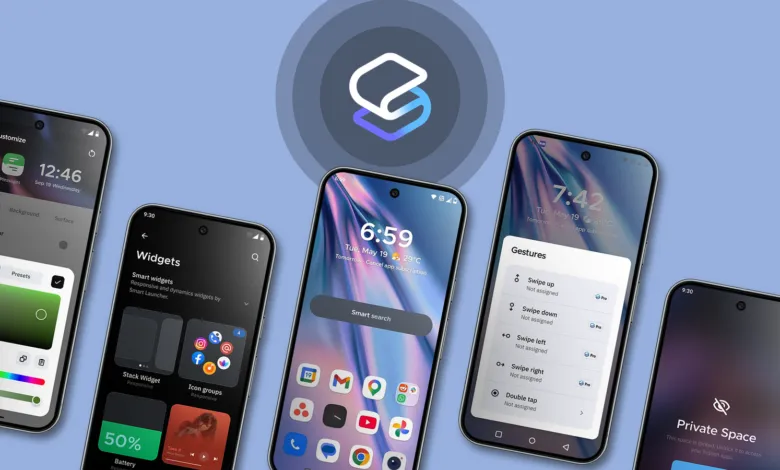 Multiple smartphones display Smart Launcher 6 home screen and customization options.
