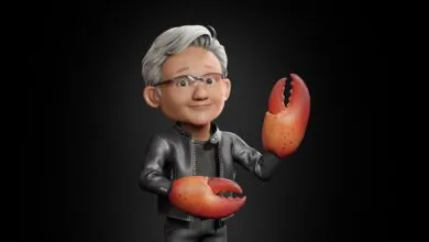 Cartoon Jensen Huang holding crab claws on a dark background.