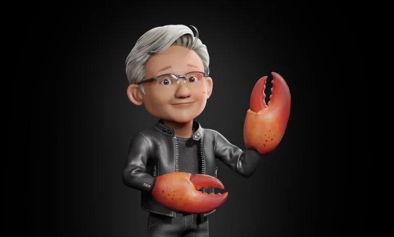 Cartoon Jensen Huang holding crab claws on a dark background.