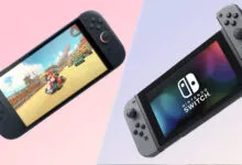 Two Nintendo Switch consoles, one playing Mario Kart, on a split pink and purple background.