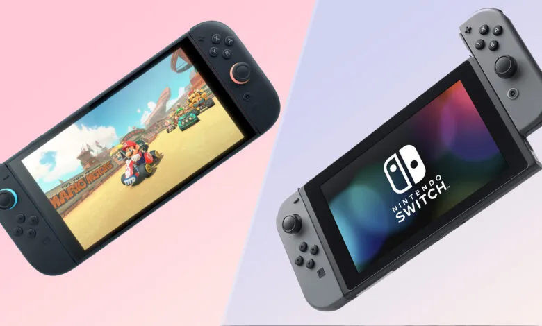 Two Nintendo Switch consoles, one playing Mario Kart, on a split pink and purple background.
