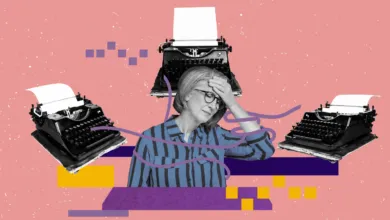 Woman with headache surrounded by vintage typewriters.