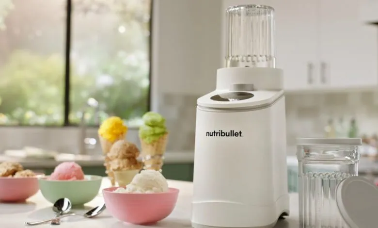 NutriBullet blender with colorful ice cream bowls and cones.