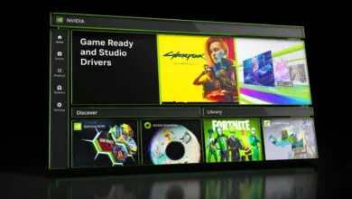 NVIDIA app interface showcasing Game Ready Drivers, Cyberpunk, Fortnite, and NVIDIA Canvas.