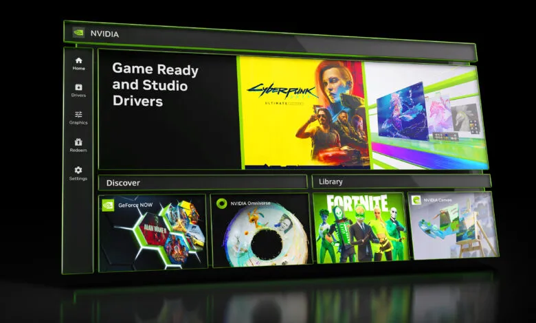 NVIDIA app interface showcasing Game Ready Drivers, Cyberpunk, Fortnite, and NVIDIA Canvas.