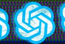 Three OpenAI logos with a pixelated, colorful background pattern.