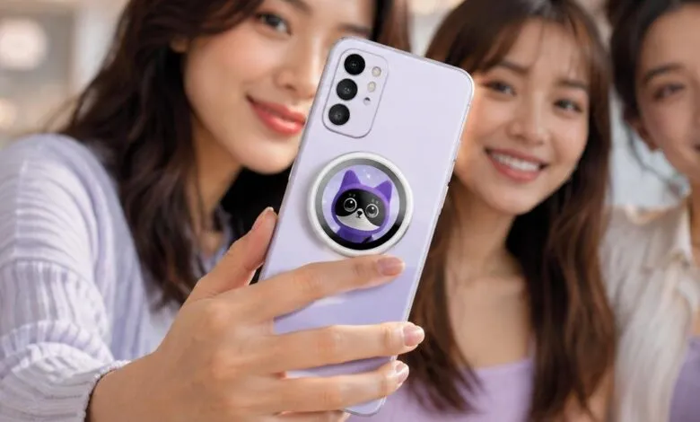 Three smiling women pose with a purple smartphone featuring a cat pop socket.
