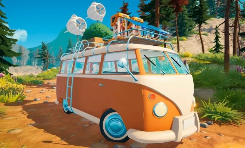Orange and white camper van parked on a dirt road in a forest setting.