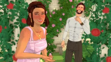 Animated couple smiling in a rose garden, woman in pink dress, man in white shirt.