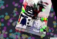 Abstract art featuring a stylized US passport against a patterned background.